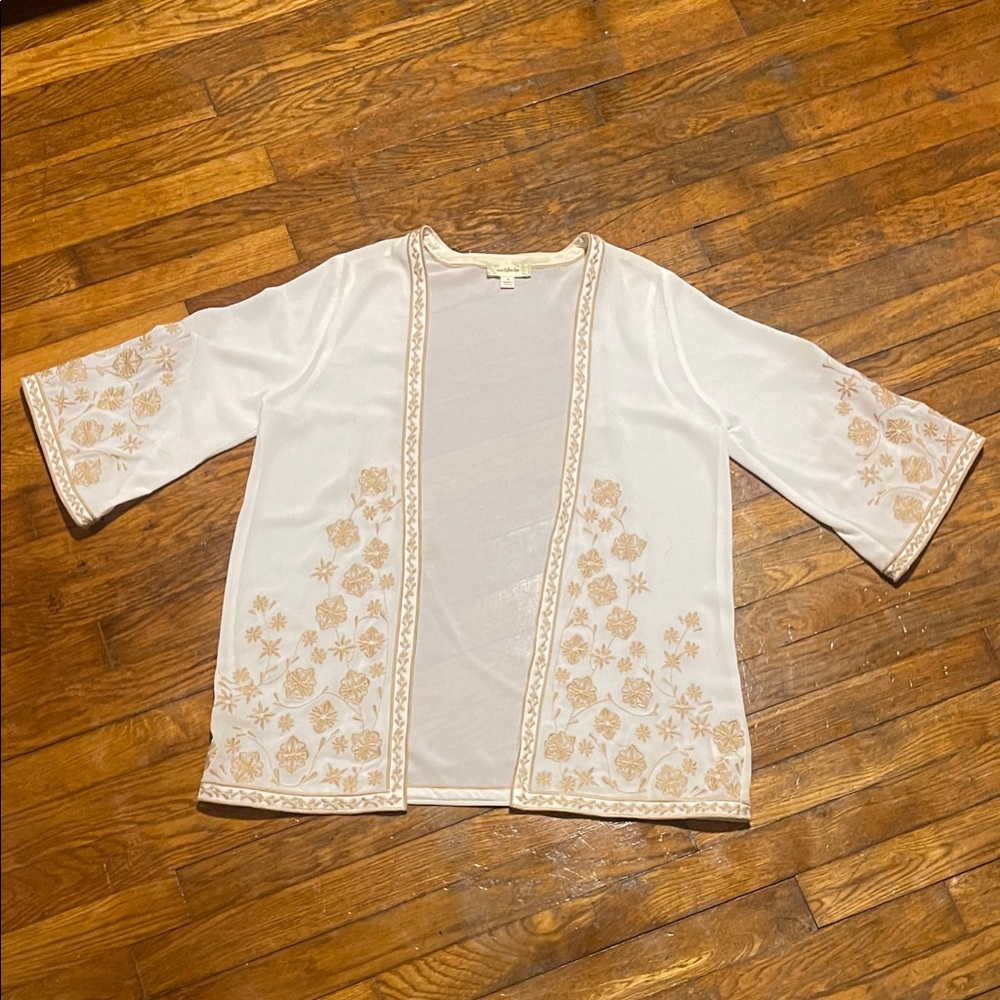 Embroidered Open Front White Kimono Jacket